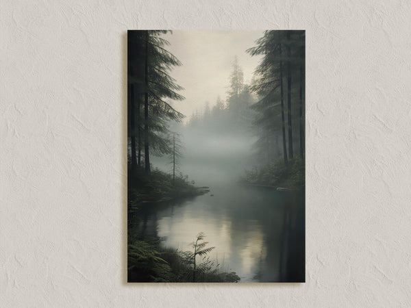 Canvas wall art of a forest with evergreens, river, and mist. A tranquil watercolour landscape print, ready to hang.