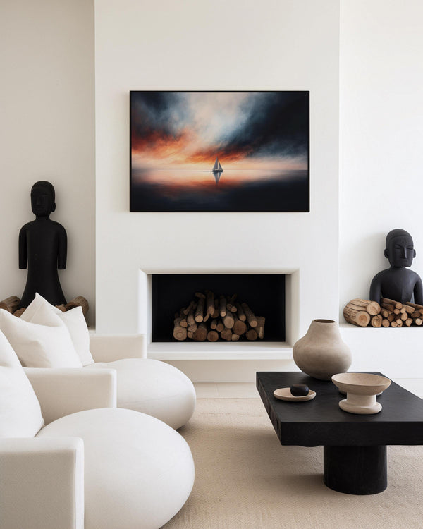 Canvas wall art of a sailboat at sunset with stormy skies. A dramatic ocean print balancing calm and intensity. Ready to hang.