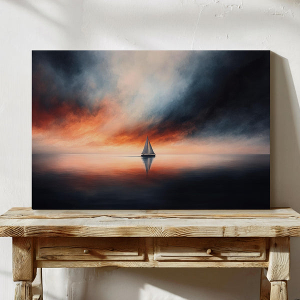 Canvas wall art of a sailboat at sunset with stormy skies. A dramatic ocean print balancing calm and intensity. Ready to hang.