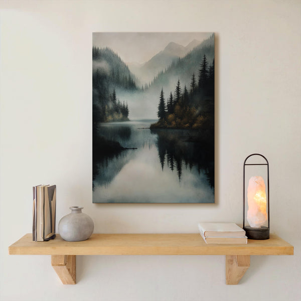 Canvas wall art of a misty lake with mountains and forest. Calming watercolour-inspired tones, ready to hang.