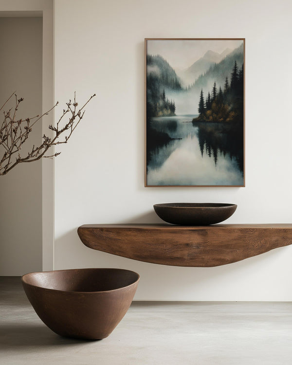 Canvas wall art of a misty lake with mountains and forest. Calming watercolour-inspired tones, ready to hang.