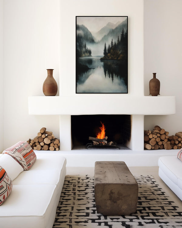 Canvas wall art of a misty lake with mountains and forest. Calming watercolour-inspired tones, ready to hang.