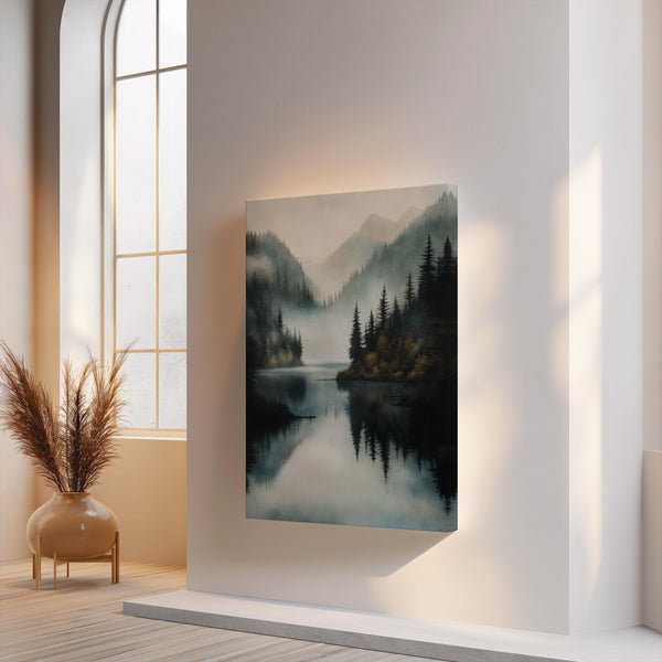 Canvas wall art of a misty lake with mountains and forest. Calming watercolour-inspired tones, ready to hang.
