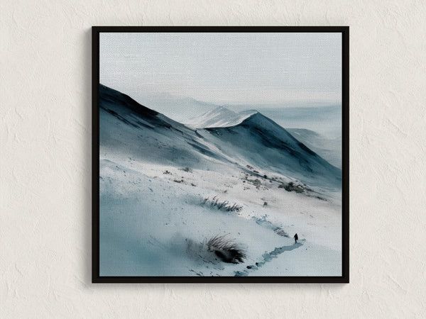 Canvas wall art of snow-covered mountains in soft watercolour tones. A calm, minimalist mountain print, ready to hang.