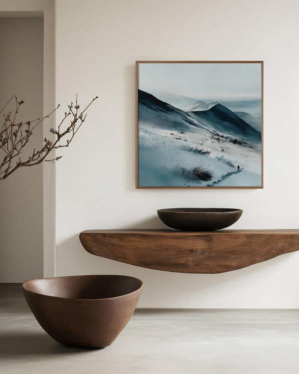 Canvas wall art of snow-covered mountains in soft watercolour tones. A calm, minimalist mountain print, ready to hang.