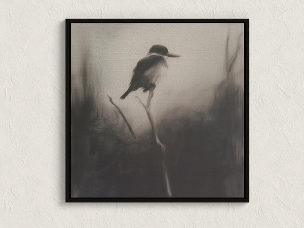 Canvas wall art of a solitary kingfisher on a branch. A monochrome charcoal bird print, framed or unframed. Ready to hang.