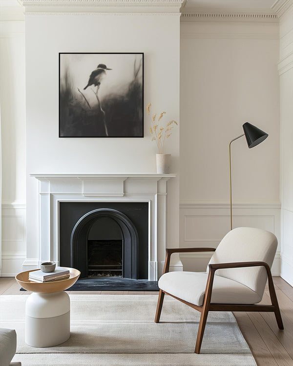 Canvas wall art of a solitary kingfisher on a branch. A monochrome charcoal bird print, framed or unframed. Ready to hang.