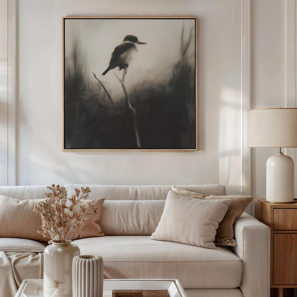 Canvas wall art of a solitary kingfisher on a branch. A monochrome charcoal bird print, framed or unframed. Ready to hang.