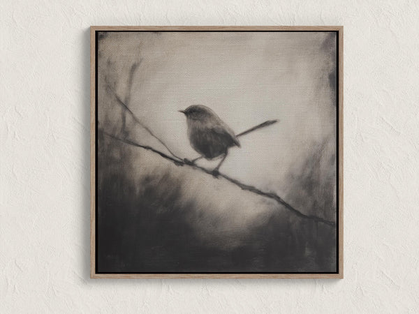 Canvas wall art of a solitary robin in black and white. A peaceful charcoal bird print, full of stillness. Ready to hang.