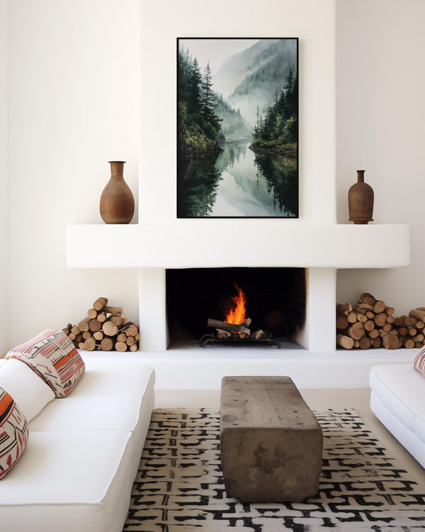 Canvas wall art of a misty mountain lake with evergreens. A tranquil watercolour-inspired landscape, ready to hang.