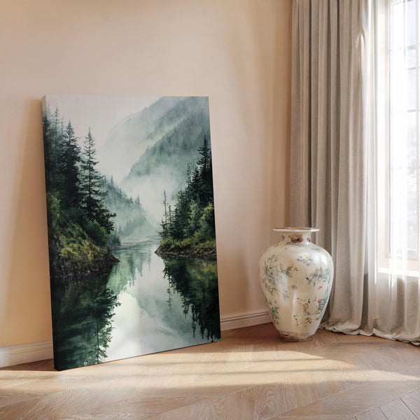 Canvas wall art of a misty mountain lake with evergreens. A tranquil watercolour-inspired landscape, ready to hang.