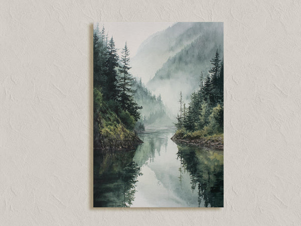 Canvas wall art of a misty mountain lake with evergreens. A tranquil watercolour-inspired landscape, ready to hang.