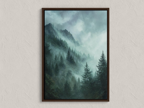 Canvas wall art of emerald and teal mountains with evergreens. A mystical, tranquil landscape print. Ready to hang.