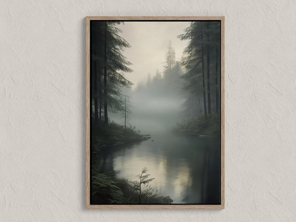 Canvas wall art of a forest with evergreens, river, and mist. A tranquil watercolour landscape print, ready to hang.