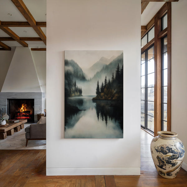 Canvas wall art of a misty lake with mountains and forest. Calming watercolour-inspired tones, ready to hang.