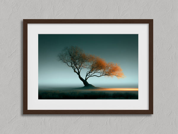 Leaning Light shown in a walnut frame with a white border or mount.