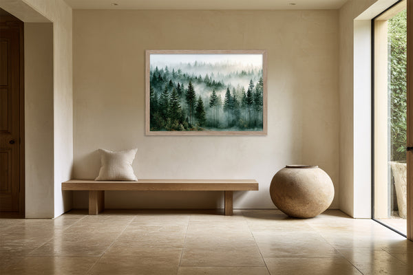 Light wood-framed misty forest artwork above a low wooden bench beside a large ceramic vessel.