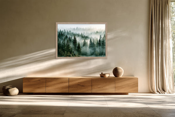 Light wood-framed evergreen forest artwork above a long wooden cabinet in a sunlit neutral interior.