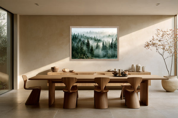 Light wood-framed misty evergreen forest artwork above a long wooden dining table with sculptural chairs.