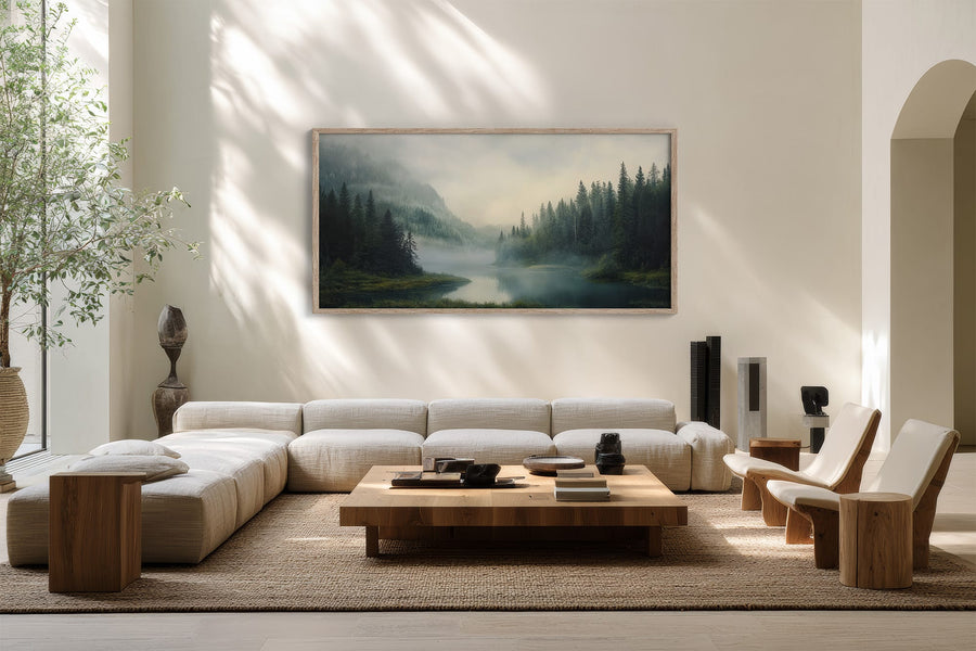 Mist Between the Pines – Misty Mountain River Wall Art Print