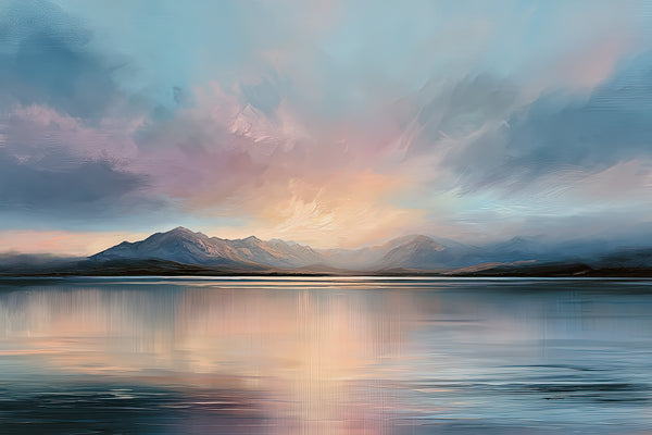 Painterly mountain range beneath pink and blue clouds reflected across a calm lake.