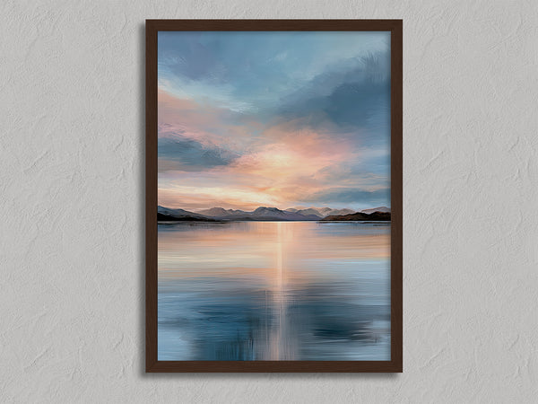 Afterglow Lake shown in a walnut frame without a border or mount.