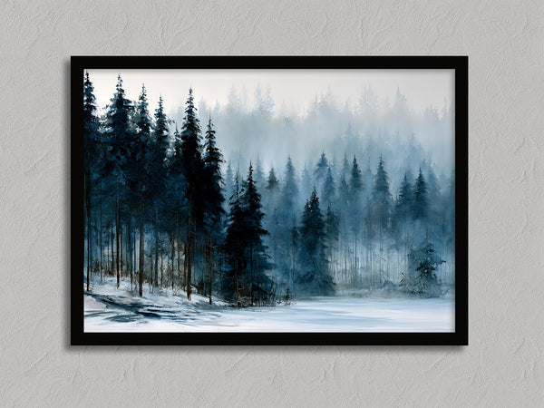 Frosted Pines shown in a black frame without a border or mount.