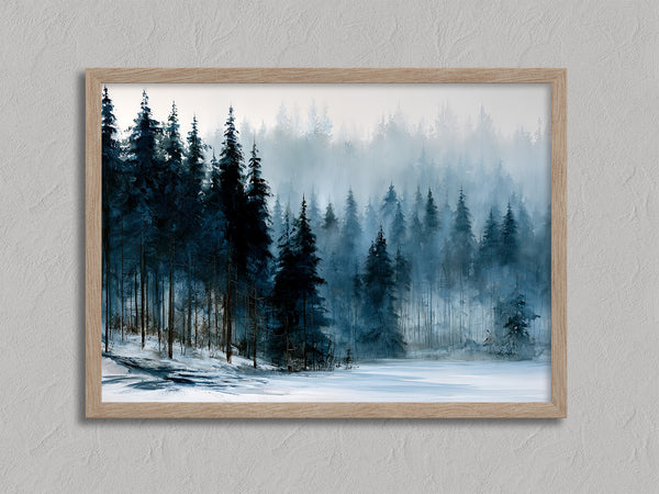 Frosted Pines shown in an oak frame without a border or mount.