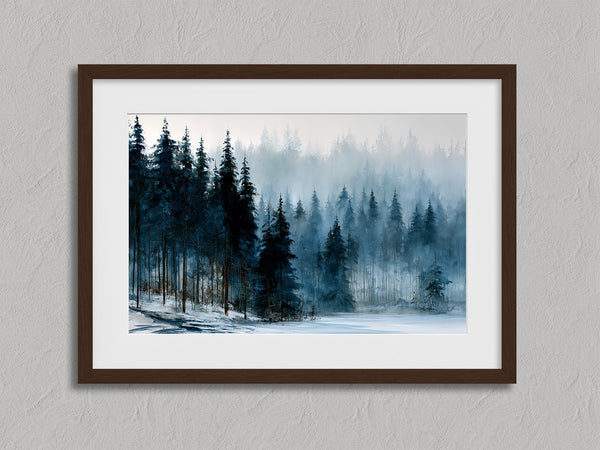 Frosted Pines shown in a walnut frame with a white border or mount.