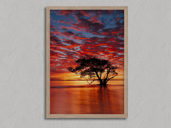 Solace at Sunrise shown in an oak frame without a border or mount.