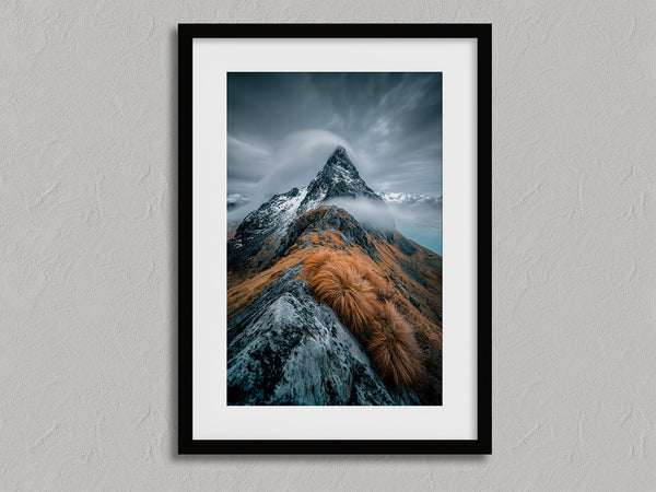 Cloudbound Peak shown in a black frame with a white border or mount.