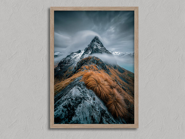 Cloudbound Peak shown in an oak frame without a border or mount.
