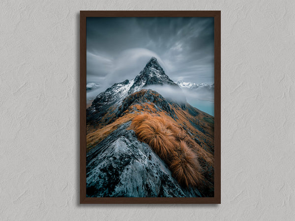 Cloudbound Peak shown in a walnut frame without a border or mount.
