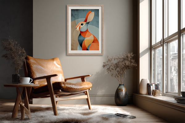 Framed geometric hare artwork above a leather lounge chair beside a sunlit window.