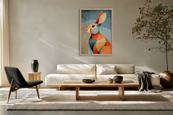 Framed geometric hare artwork above a white sofa and wooden coffee table.