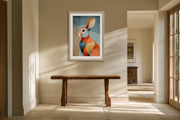 Framed geometric hare artwork above a rustic wooden console in a sunlit hall.