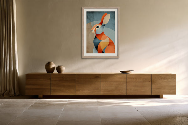 Framed geometric hare artwork above a long wooden sideboard with ceramic vessels.