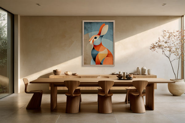 Framed geometric hare artwork above a long wooden dining table with sculptural chairs.