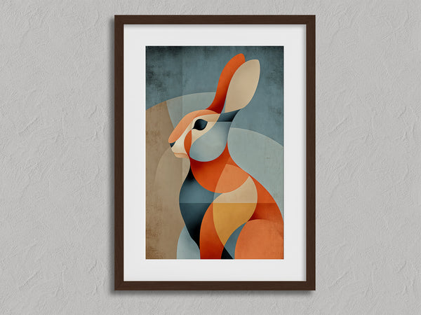 Still Hare shown in a walnut frame with a white border or mount.