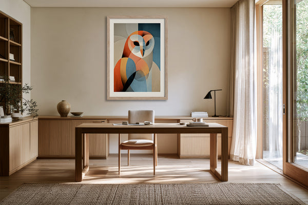 Framed geometric owl artwork above a wooden desk with chair and black task lamp.