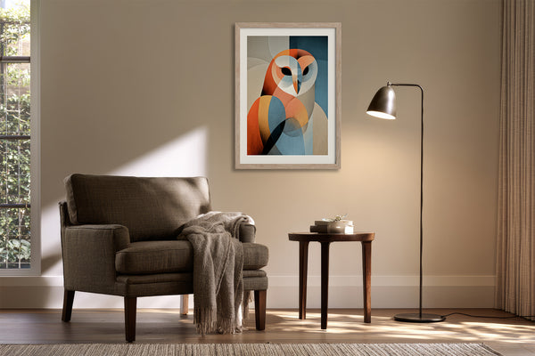Framed geometric owl artwork above an armchair, side table, and black floor lamp.