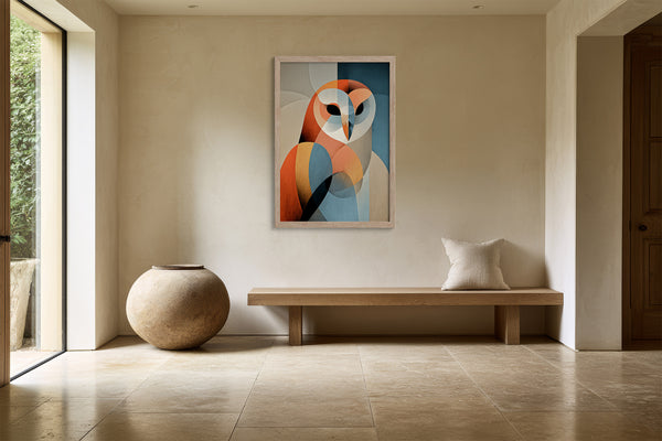 Framed geometric owl artwork above a wood bench beside a large ceramic floor vessel.