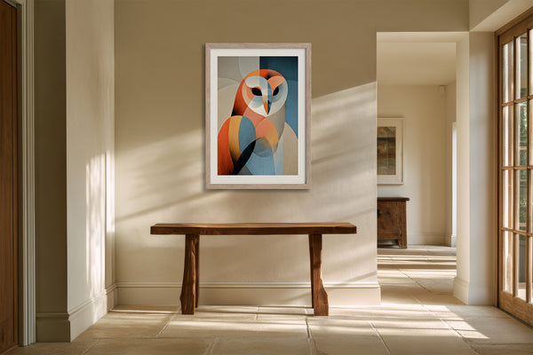 Framed geometric owl artwork above a rustic wooden console table in a sunlit hallway.