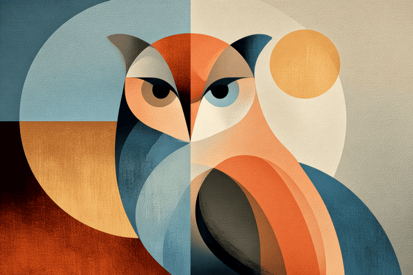 Close-up of a stylized geometric owl in teal, orange, cream, and brown shapes.