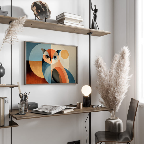 Framed geometric owl artwork displayed above a desk with shelves, books, and dried grasses.