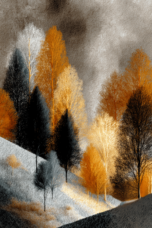Stylised golden and dark trees on a snow-covered hillside beneath a textured grey sky