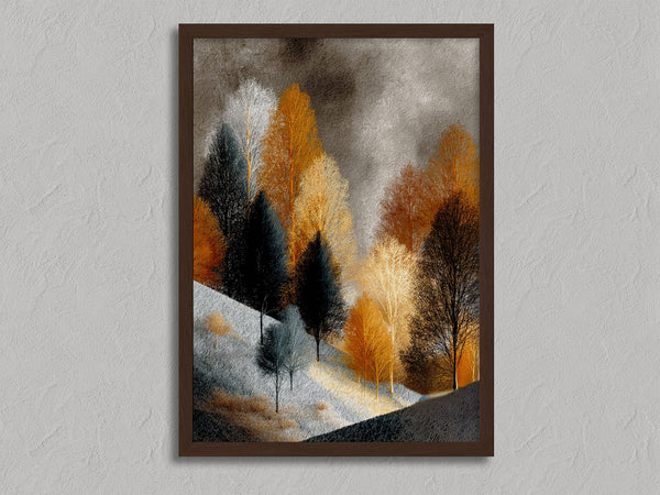 Winter Glade shown in a walnut frame without a border or mount.