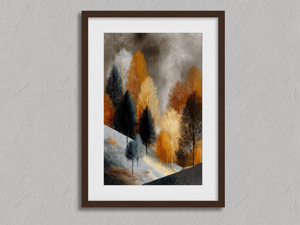 Winter Glade shown in a walnut frame with a white border or mount.