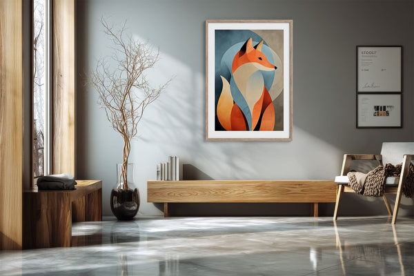 Light wood-framed geometric fox wall art above a low wooden console and chair.