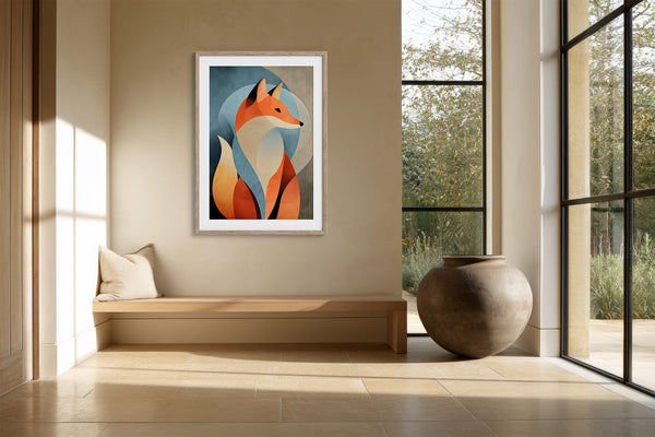 Light wood-framed geometric fox print above a built-in bench beside tall windows.